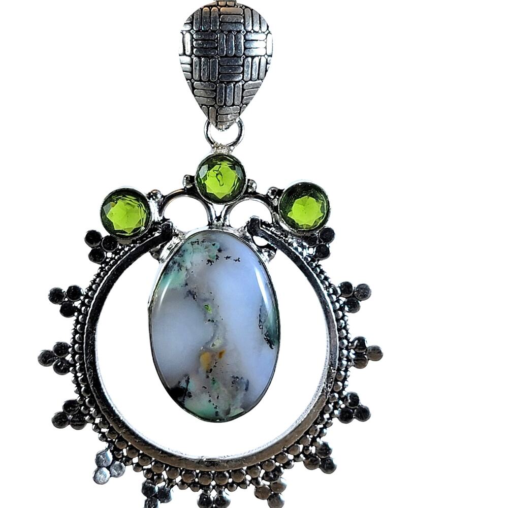 Handmade Silver Pendant – Dendritic Opal & Peridot + 20" Silver Snake Chain